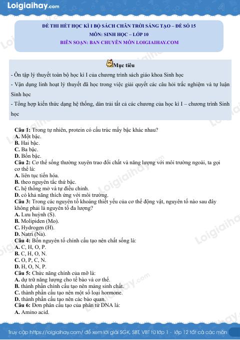 Đề thi học kì 1 Sinh 10 Chân trời sáng tạo - Đề số 15